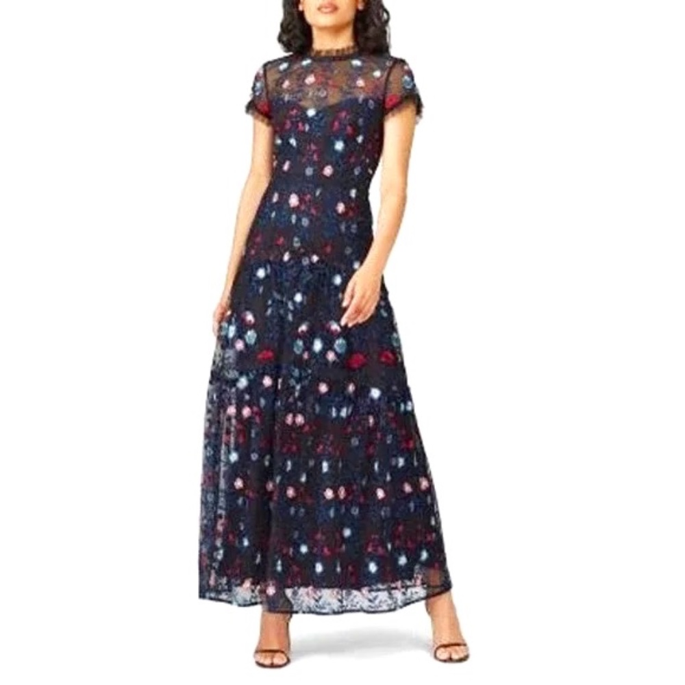 NWT Monique Lhuillier Floral Embroidered Mesh Maxi Dress Size 10